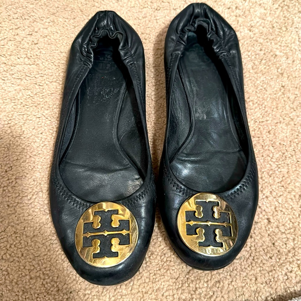Tory Burch black and gold statement ballet flats